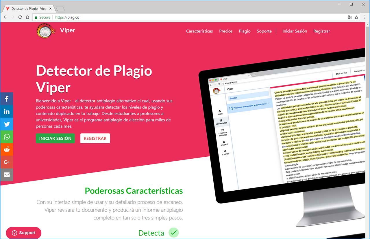 Captura de pantalla de Plag.co – un dedicado Detector de Plagio en Español